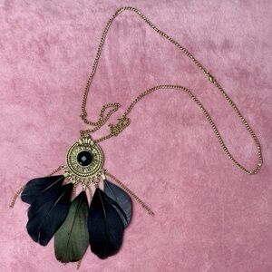 Boho Vintage Gold Tone Black Feather Fringe Statement Necklace